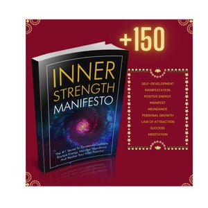 Puede incluir: Un libro negro con el título "Inner Strength Manifesto" sobre un fondo rojo. La portada del libro presenta un diseño de galaxia en espiral. El texto "+150" está en letras doradas sobre el libro. Una caja blanca con bordes dorados enumera lo siguiente: Autodesarrollo, Manifestación, Energía positiva, Manifestar, Abundancia, Crecimiento personal, Ley de atracción, Éxito, Meditación.