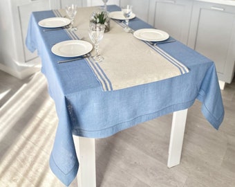 Hellblaue Leinentischdecke 130x180 cm, Ostertischdecke, große Tischdecke Rechteck, Leinen Tischläufer, Leinen Set, Tischdecke mit Spitze