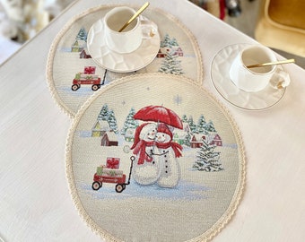 Table festive decor Christmas New Year table linens Christmas snowy winter cup placemats New Year room decor Kitchen holiday decor