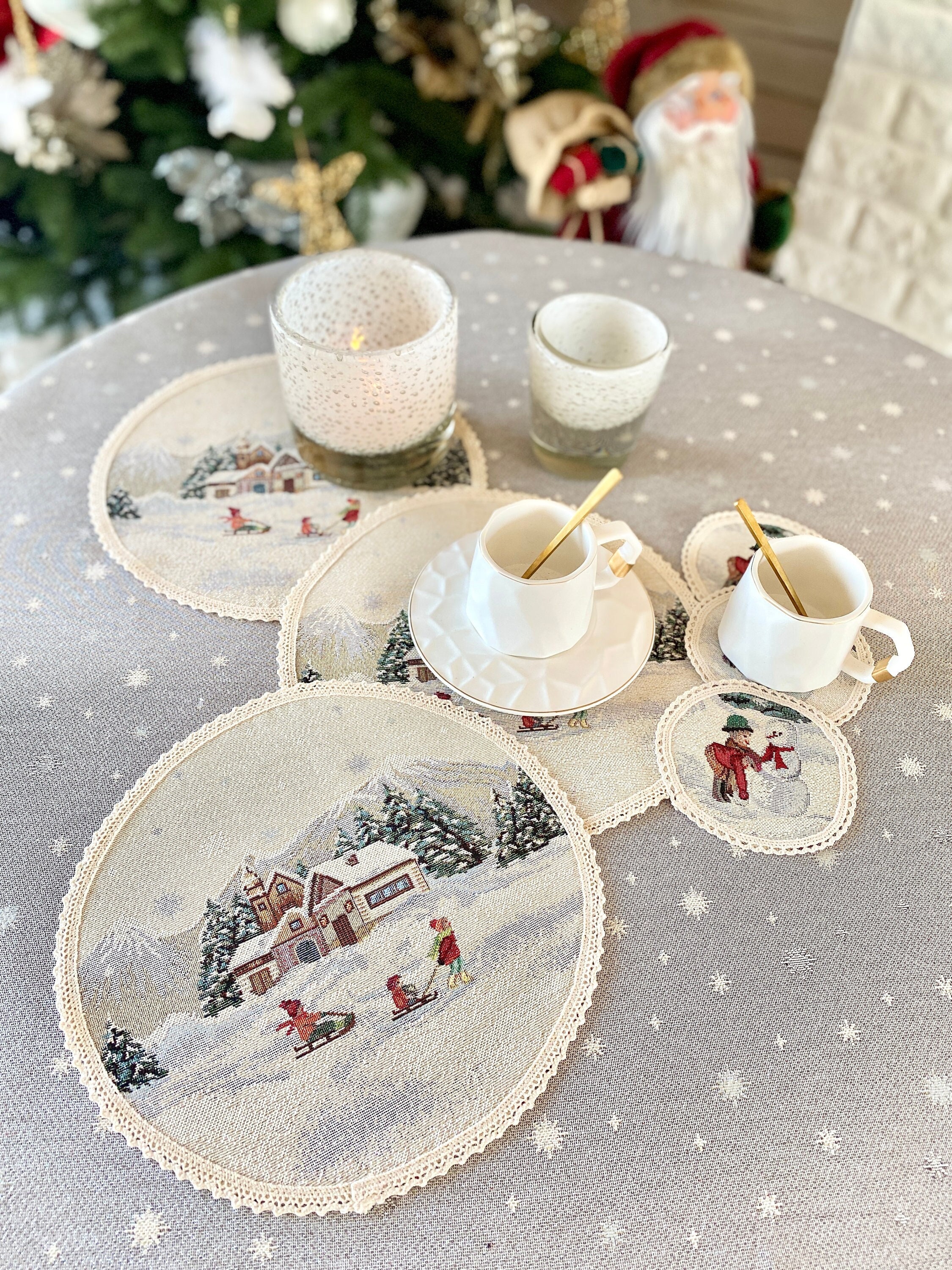 Table festive decor Christmas New Year table linens Christmas snowy winter cup placemats New Year room decor Kitchen holiday decor