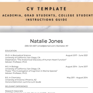 Plantilla de CV para estudiantes de posgrado, estudiantes universitarios y científicos de investigación académica / Diseño minimalista moderno profesional / Descarga instantánea