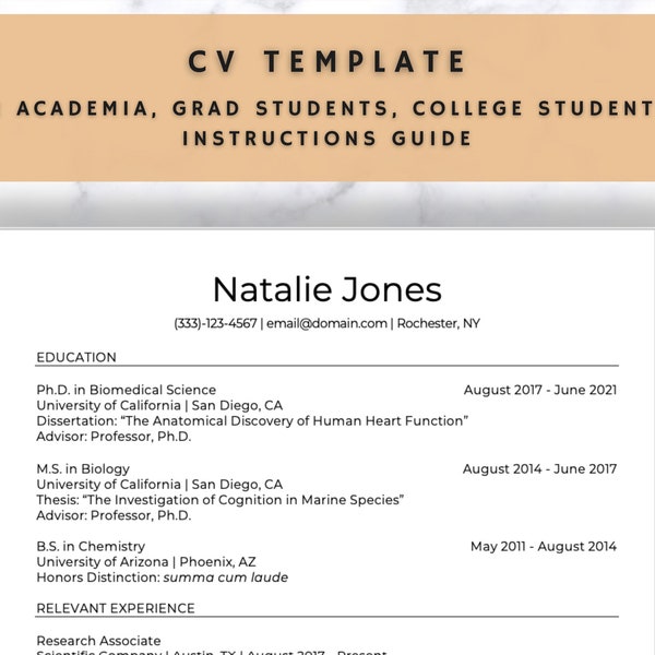 CV Template for Grad Students, College Students and Academic Research Scientists | Professional Modern Minimalist Design | Instant Download