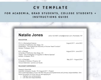 CV Template for Grad Students, College Students and Academic Research Scientists | Professional Modern Minimalist Design | Instant Download