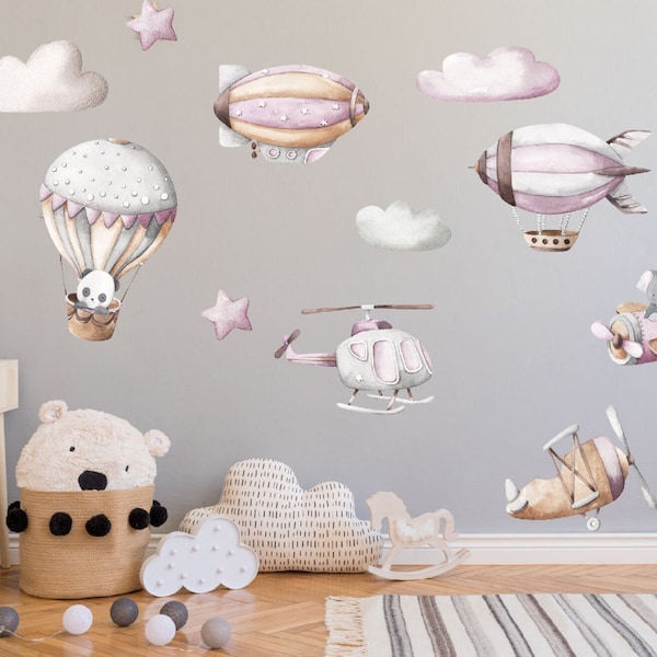 Wandtattoo Kinderzimmer Flugzeuge Heißluftballon Zeppelin mit Wolke und Sterne Watercolor Wandaufkleber Spielzimmer Wanddeko K1812