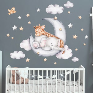 Giraffe with elephant on the moon good friends stars clouds watercolor wall sticker for children&#39;s room sticker wall sticker K1811