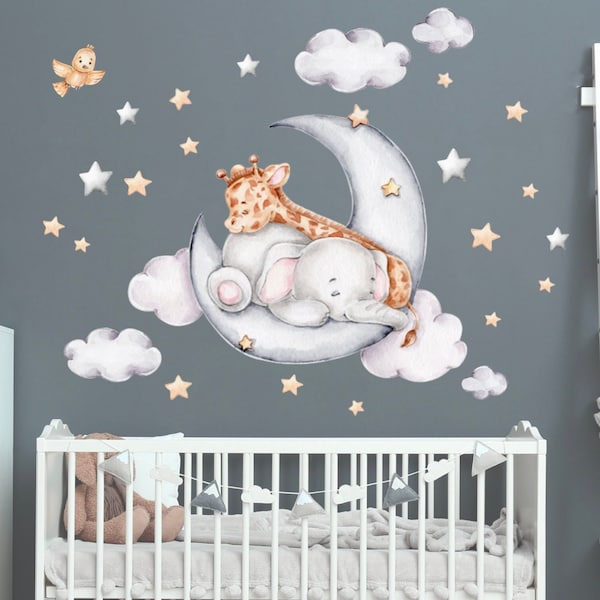 Girafe avec éléphant sur la lune bons amis étoiles nuages aquarelle autocollant mural pour chambre d'enfant autocollant mural K1811