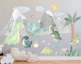 Wandtattoo Kinderzimmer süße Dinos großes Dinosaurierset Aquarell mit Naturlandschaft Wandaufkleber Spielzimmer Deko Wanddeko Baby K1808