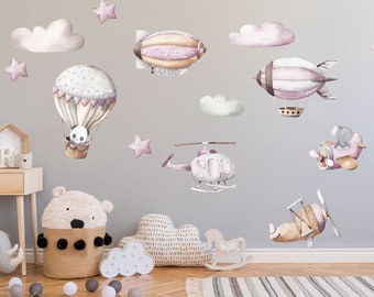 Wandtattoo Kinderzimmer Flugzeuge Heißluftballon Zeppelin mit Wolke und Sterne Watercolor Wandaufkleber Spielzimmer Wanddeko K1812