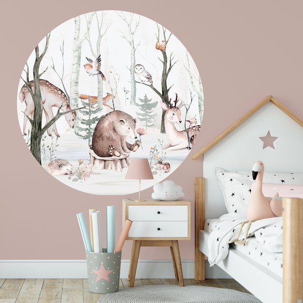 Ronde Muur Sticker Kinderkamer Scandinavisch wild Bos vrienden Dieren Babykamer Muur Sticker Dieren Muur Sticker K2039 Aquarel