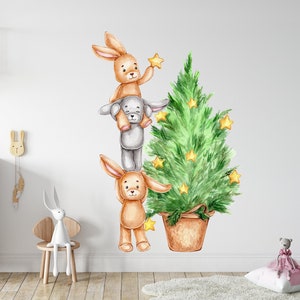 Rabbit with fir tree wall sticker for children&#39;s room Christmas tree wall sticker Wall Sticker Watercolor K2038