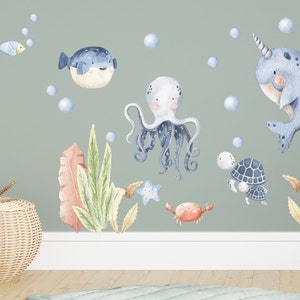 Wall sticker for children's room underwater world, watercolor, sea, animals, plants, ocean watercolor wall sticker playroom wall decoration K1818