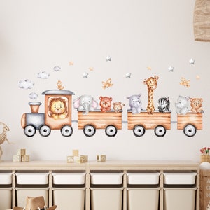 Wall Decal Children's Room Noah Wild Cute Animals on the Train Cloud Baby Room Wall Sticker Animals Art Noah Wall Sticker Watercolor K1819