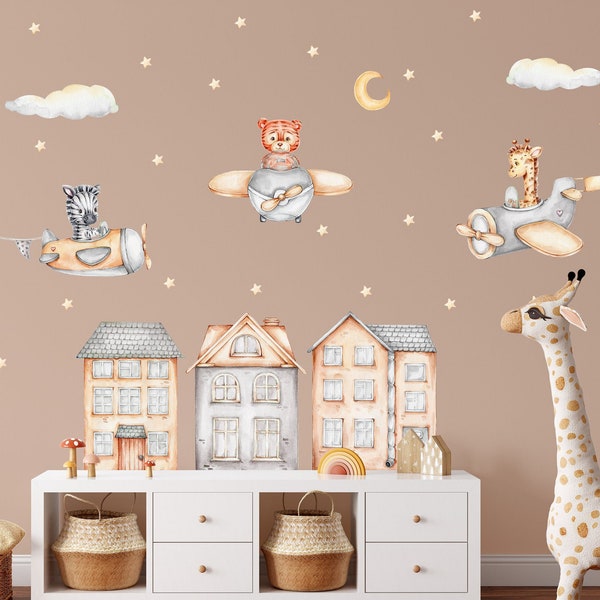 Wall decal nursery airplane cute flying animals with stars and cloud houses baby room wall sticker watercolor K2052