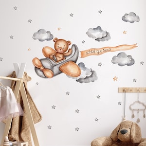 Bear in airplane with personalization wall sticker children&#39;s room teddy bear with stars clouds baby room watercolor wall sticker Watercolor K2055
