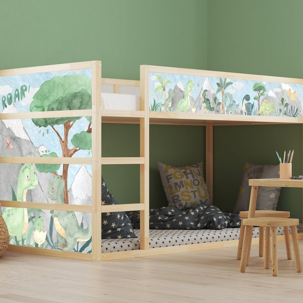 Autocollant pour lit IKEA Kura, chambre d'enfant, dinosaures mignons, ensemble de dinosaures avec paysage naturel, décoration de lit, autocollant KB3030