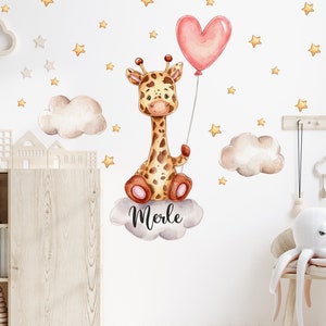 Giraffe with heart balloon stars on the cloud watercolor wall sticker for children&#39;s room baby room sticker wall sticker K2047