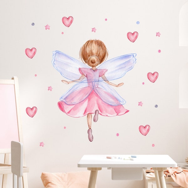 Wandtattoo Kinderzimmer Fee Girl mit Herzen Sterne Aufkleber Wandsticker schöne Aquarell Farben für Babyzimmer Mädchenzimmer K2033