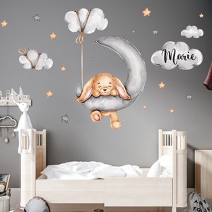 Rabbit on the Moon Wall Decal Children's Room with Cloud Stars Baby Room Watercolor Wall Sticker Wall Sticker Watercolor K2029