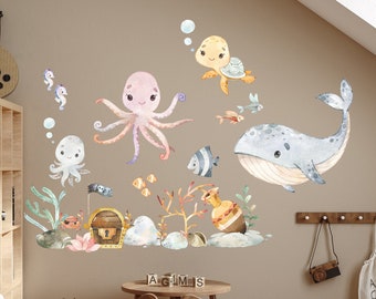 Muurtattoo kinderkamer schattige zeedieren aquarel onderwaterwereld aquarel muursticker babykamer speelkamer muurdecoratie K2027