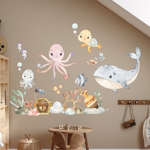 Wall Decal Kids Room Cute Sea Animals Watercolor Underwater World Watercolor Wall Sticker Baby Room Playroom Wall Decor K2027