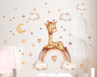 Autocollant mural aquarelle girafe sur l'arc-en-ciel, avec cœur, étoiles, nuages, pour chambre d'enfant, chambre de bébé, autocollant mural K2028