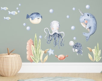 Sticker mural pour chambre d'enfant Monde sous-marin, aquarelle, mer, animaux, plantes, océan aquarelle sticker mural salle de jeux décoration murale K1818