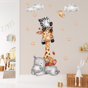 Wall Decal Children's Room Wild Cute Animals with Stars and Cloud Baby Room Wall Sticker Animals Art Wall Sticker Watercolor K2037