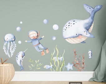 Wall decal children's room under the sea, watercolor, underwater, animals, plants, diver Watercolor wall sticker playroom wall decoration K1804