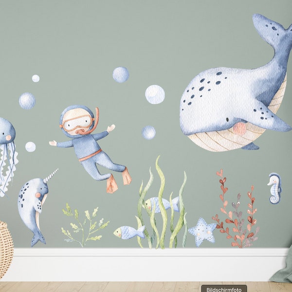 Sticker mural chambre d'enfant sous la mer, aquarelle, sous-marin, animaux, plantes, plongeurs Sticker mural aquarelle décoration murale salle de jeux K1804