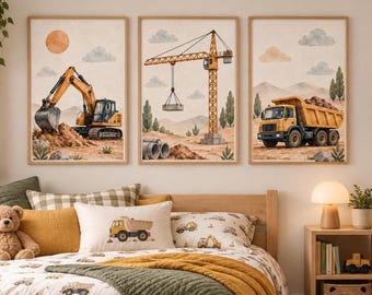 Wandbilder 3er Set Poster / Baustelle Bagger Kran Kipper LKW/ Kinderzimmer Deko Bilder in mehr Größen Posterdruck ohne Bilderrahmen DP1028