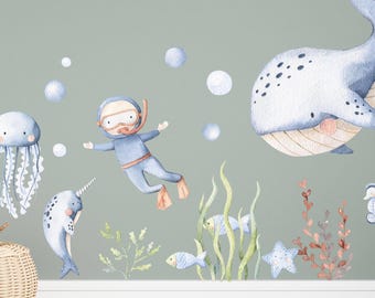 Children's room wall decal, underwater scene, watercolor, animals, plants, diver, playroom wall decor K1804