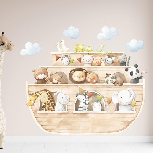 Wall sticker for children's room: Noah's Ark, wild cute animals, ship, cloud, baby room wall sticker, Animals Art Noah Wall Sticker Watercolor K1803
