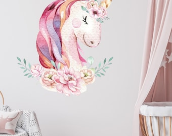 Einhorn Wandtattoo Aquarell Kinderzimmer mit Rosenblüten Zweigen Aufkleber Wandaufkleber für Babyzimmer Mädchenzimmer K2036
