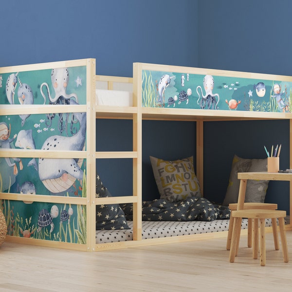 Aufkleber für IKEA Kura Bett Sticker Kinderzimmer Unterwasserwelt Ozean Meerestiere maritime  Spielzimmer Deko Bettaufkleber KB3036