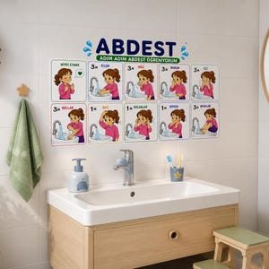 Peut inclure: Un ensemble d'autocollants muraux intitulé ABDEST ADIM ADIM ABDEST ÖĞRENİYORUM illustrant huit étapes pour effectuer les ablutions. Chaque panneau carré montre une fille se lavant différentes parties du corps avec des répétitions, au-dessus d'un lavabo.
