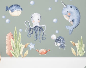 Muursticker voor kinderkamer met onderwaterwereld, aquarel, zee, dieren, planten, oceaan, aquarel muursticker voor speelkamer, wanddecoratie K1818