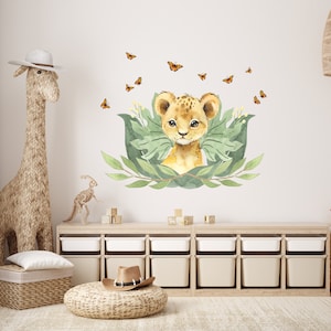 Wall Decal Children&#39;s Room Lion Safari with Butterfly Tropical Baby Room Children&#39;s Room Watercolor Jungle Wall Sticker Decoration K1820