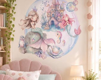 Runder Wandaufkleber Kinderzimmer -Sticker passend zum Pax Schrank IKEA Meerjungfrauen Mermaid Unterwasser Wandtattoo Deko RK2061 Pastell