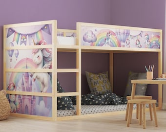 Einhorn Aufkleber passend für IKEA Kura Bett Pastell Sticker Einhorn Regenbogen Wolken Unicorn Rainbow Aquarell Hochbettaufkleber KB3040