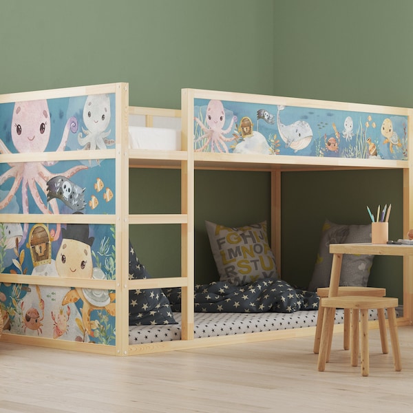 Meerestiere Aufkleber passend für IKEA Kura Bett Sticker Kinderzimmer Piratenschatz Unterwasserwelt maritime Deko Bettaufkleber KB3035