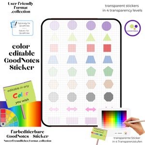 May include: A sheet of transparent stickers for GoodNotes, featuring various shapes in different colors. The shapes include circles, triangles, squares, trapezoids, pentagons, hexagons, octagons, arrows, and speech bubbles. The stickers are editable in any color and come in four transparency levels.