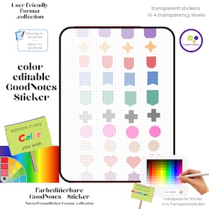 May include: A digital sticker set for GoodNotes, featuring various shapes in multiple colors and transparency levels. The image includes text that says "color editable GoodNotes Sticker" and "editable in any color you wish."