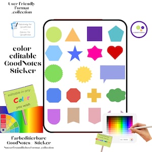 May include: A set of 18 colorful shapes for GoodNotes, including a circle, triangle, square, star, heart, hexagon, and more. The shapes are editable in any color.