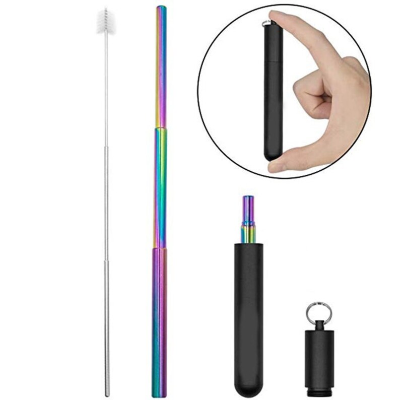 Telescopic Straw Reusable Straw Collapsible Straw Metal Straw Brush & Case UK Black/ Rainbow straw