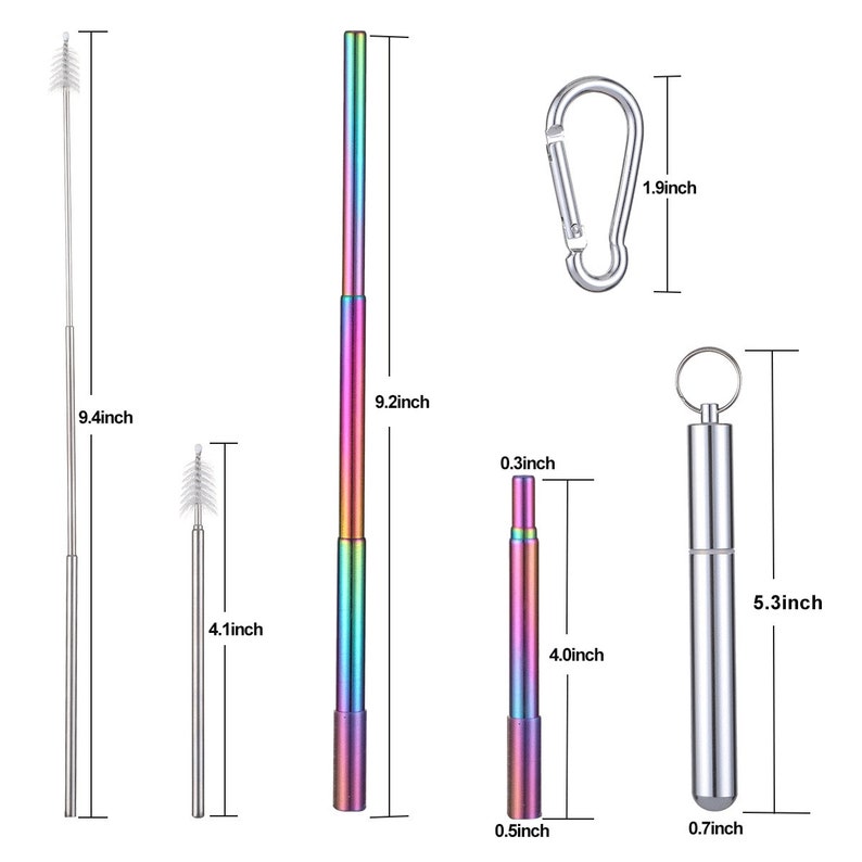 Telescopic Straw Reusable Straw Collapsible Straw Metal Straw Brush & Case UK Silver/Rainbow straw
