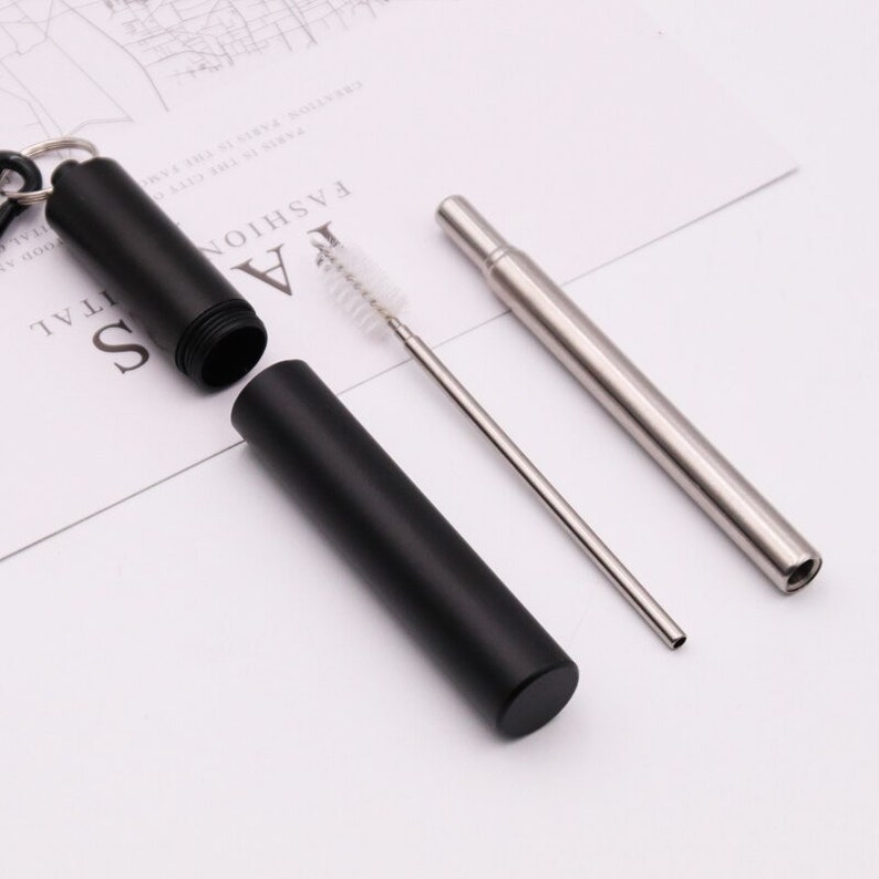 Telescopic Straw Reusable Straw Collapsible Straw Metal Straw Brush & Case UK Black/Silver straw