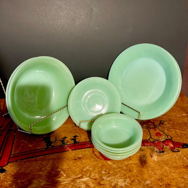 Jadeite dishes by Fire King in Jane Ray pattern. Rare pattern, Never used! Purchase singly.