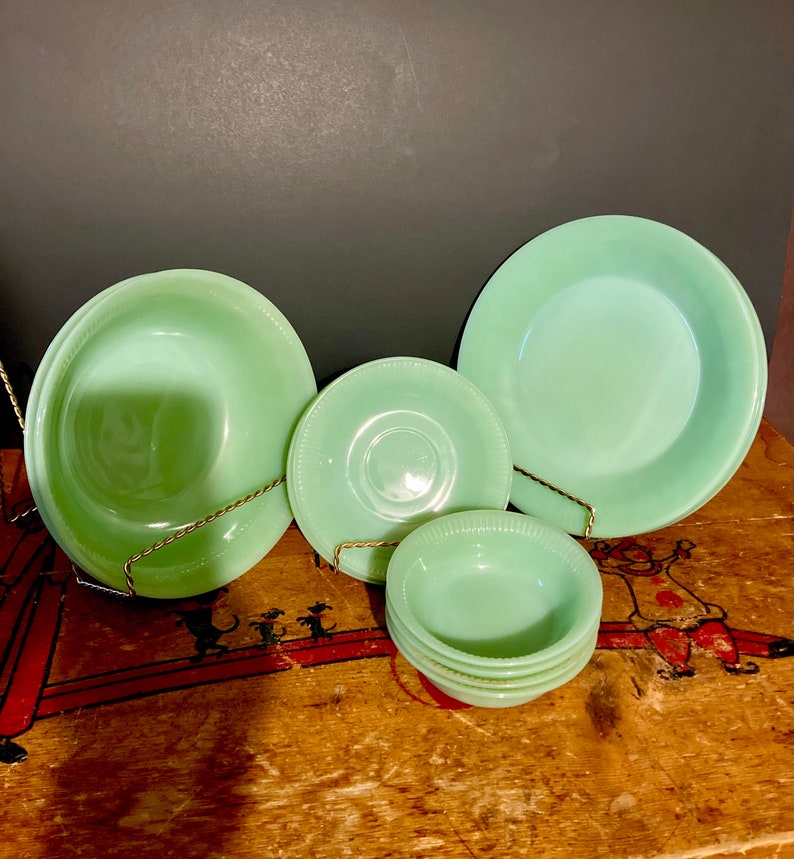 Jadeite Dishes by Fire King in Jane Ray Pattern. Rare Pattern, Never