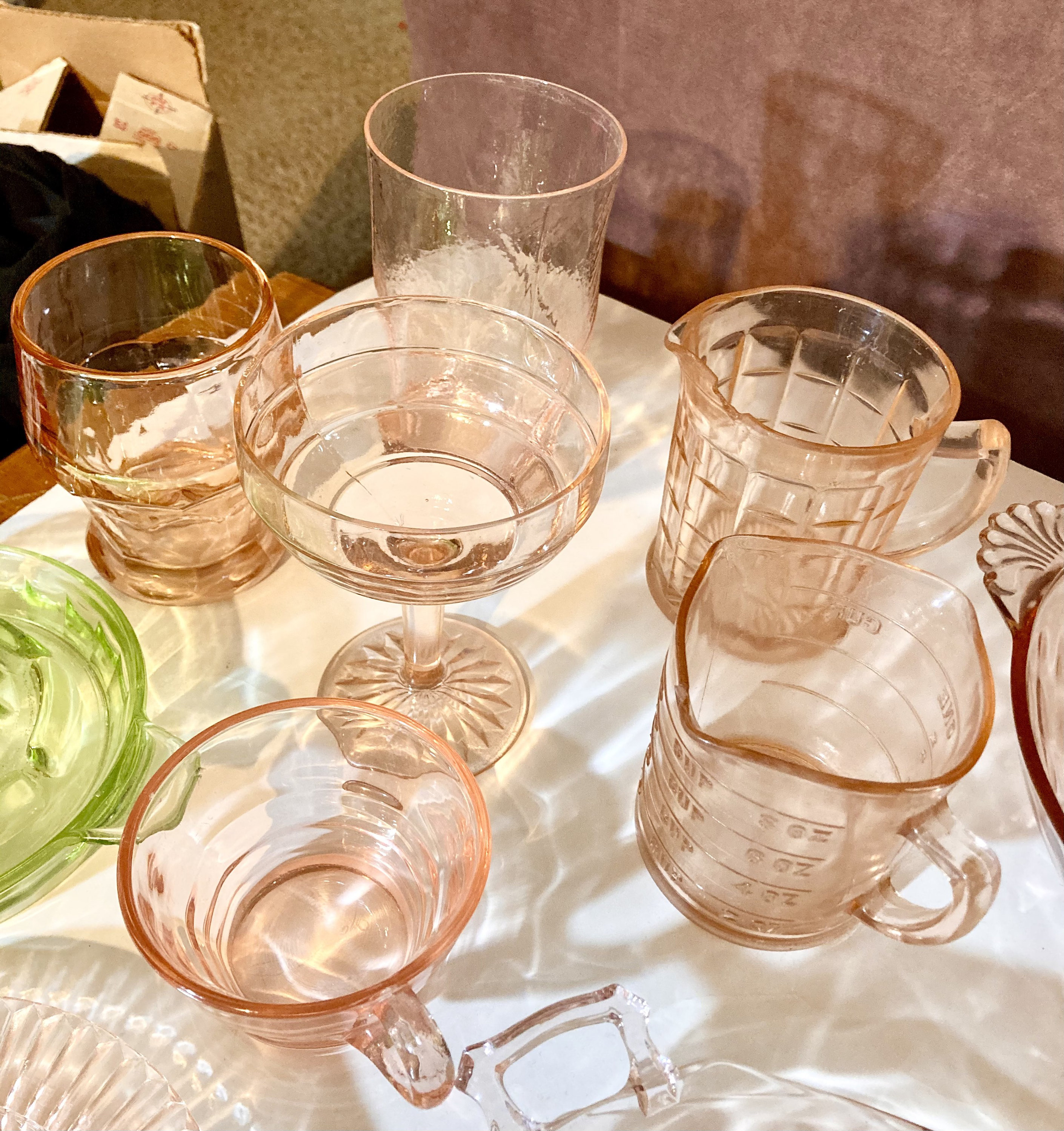 Pink & Green Depression Glass Decanter Set Plates Bowls Etsy