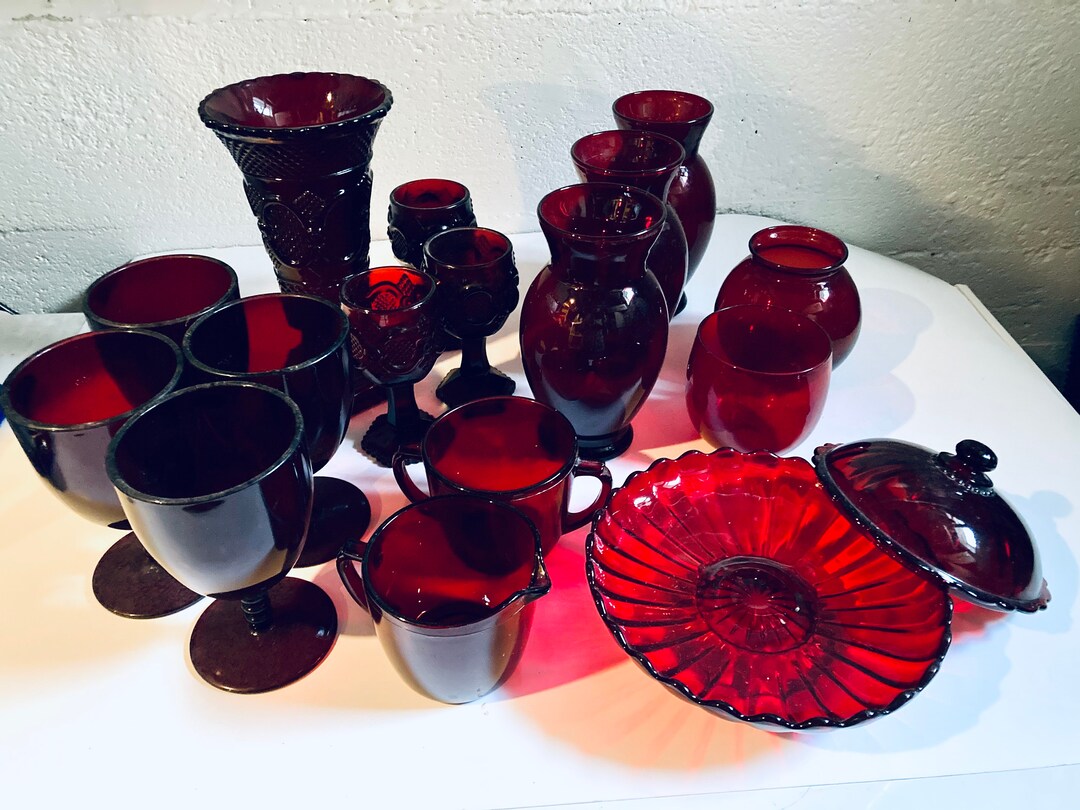 Vintage Blood Red Glass Sugar & Creamer Set Vases Rose Bowls Platter